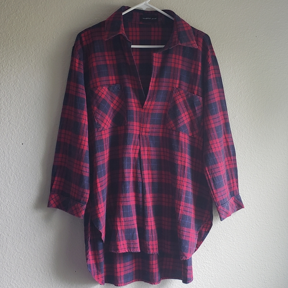 Mustard Seed Red and Blue Plaid Oversized High-low Top